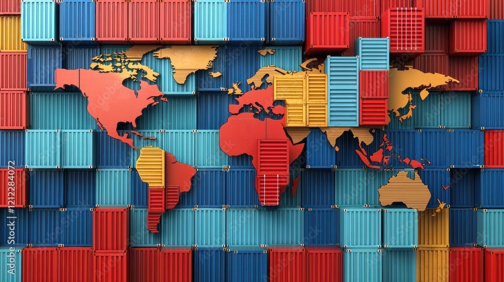 Poster a colorful wall of shipping containers forms a world map, blending elements of global trade and logi