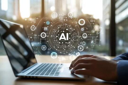 Businessman using laptop with virtual screen icon of , artificial intelligence and gears on the interface for revenue process.