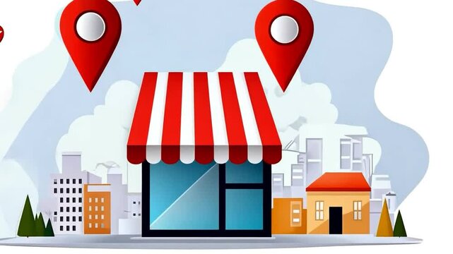 A digital illustration of a storefront with location markers and urban background.