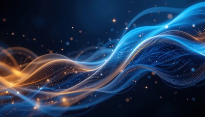 A fluid movement of blue and orange waves fills the canvas, intertwining harmoniously. Tiny sparks glimmer in the dark, evoking a sense of wonder and tranquility