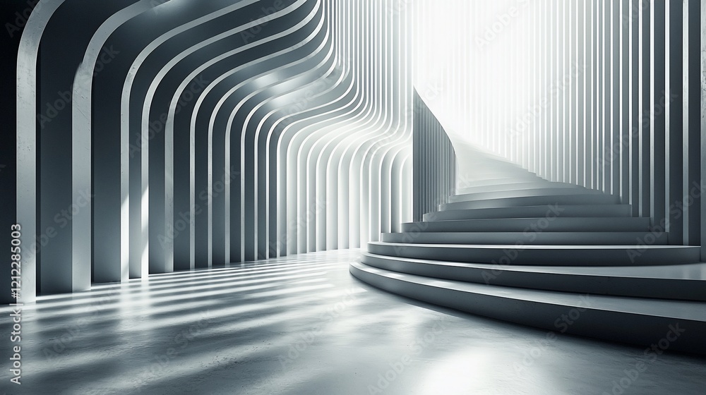 Poster abstract grayscale architecture with curving walls and stairs leading to light.