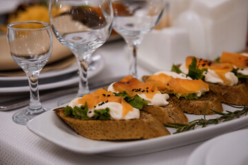 Exquisite Platter of Salmon Toasts Garnished with Fresh Greens and Creamy Sauce