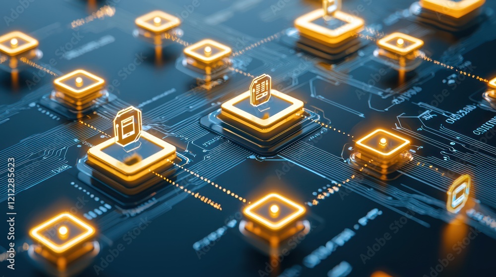 Poster a digital network with glowing icons on a circuit board, symbolizing technology and connectivity in 
