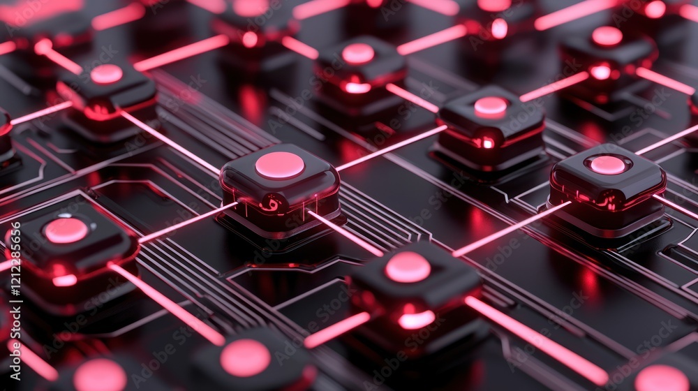 Poster a close-up view of a futuristic circuit board with glowing red nodes and intricate connections, emph