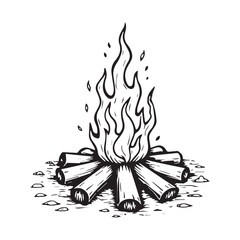 Black and White Campfire Line Drawing with Stylized Flames and Intricate Wood Grain Patterns