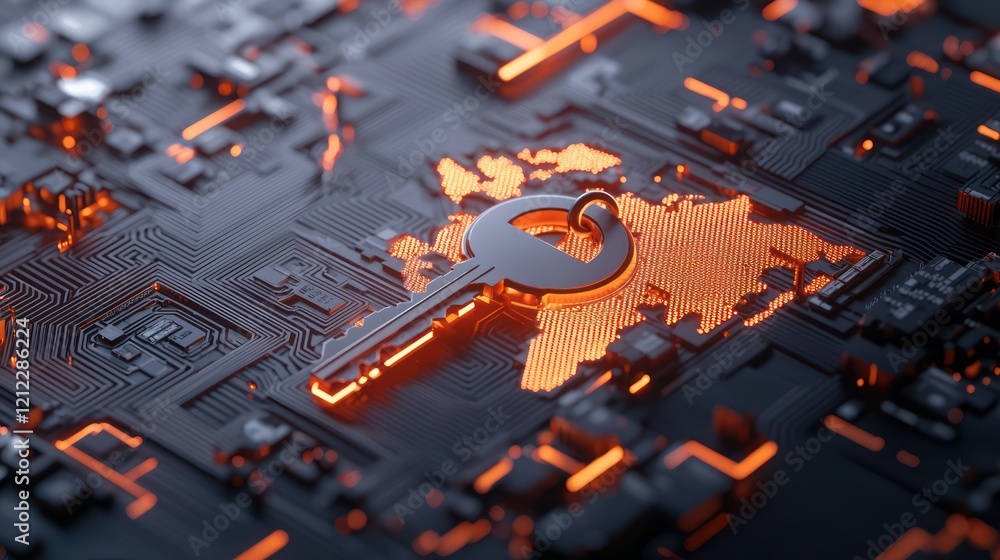 Poster a digital key on a circuit board, emphasizing security and technology with glowing orange highlights