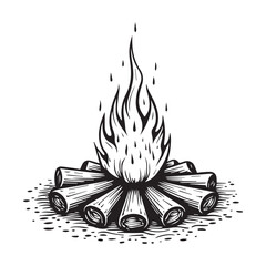 Black and White Campfire Line Drawing with Stylized Flames and Intricate Wood Grain Patterns
