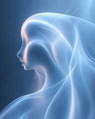 Obraz premium Ethereal female face veiled in flowing light blue fabric.