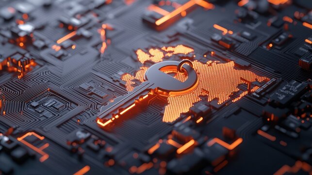 A digital key on a circuit board, emphasizing security and technology with glowing orange highlights.