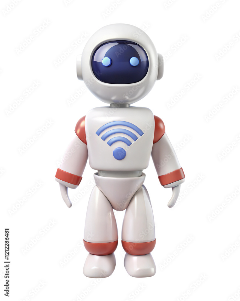 Poster a futuristic, cute white robot with wifi signal sign. the robot has glowing eyes and a cheerful expr