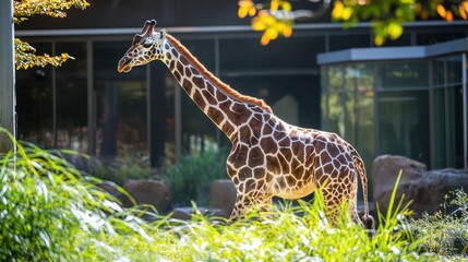 A side profile of a giraffe walking gracefully through tall grass with acacia trees in the background.