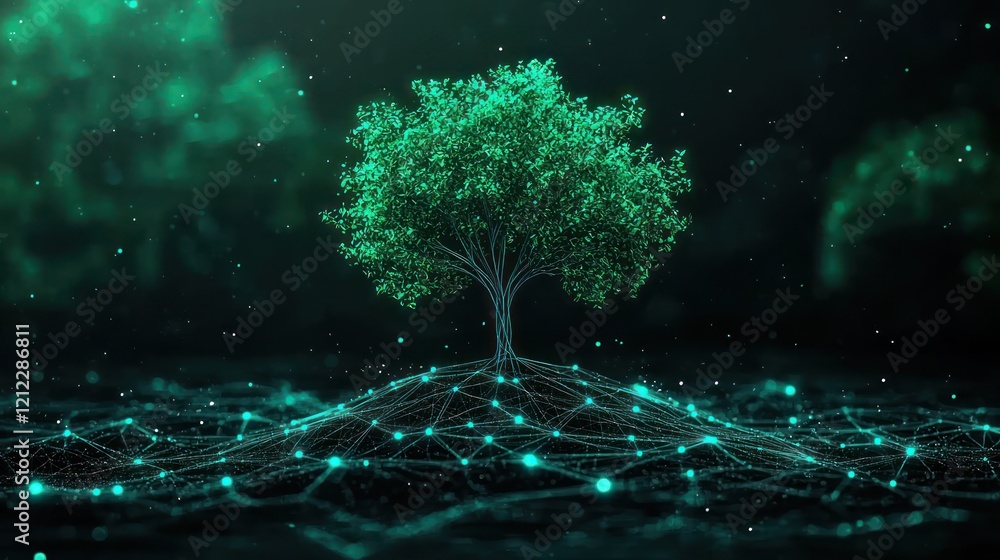 Poster a glowing tree stands on a network of glowing lines, symbolizing the connection between nature and t