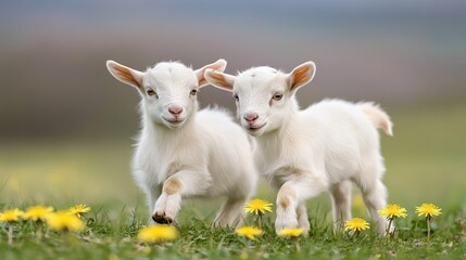Fototapeta premium Two playful baby goats are frolicking in a sunny spring meadow, surrounded by colorful flowers and dandelions