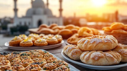 Ramadan Kareem Ramadan Mubarak Ramadan Concept Delicious Assortment of Pastries and Breads at Sunset Outdoor Setting