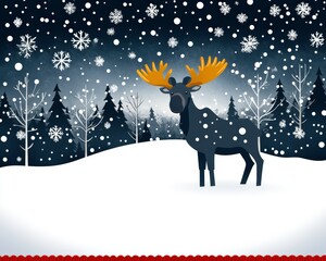 Naklejka premium A serene winter scene featuring a moose amidst falling snowflakes and evergreen trees.