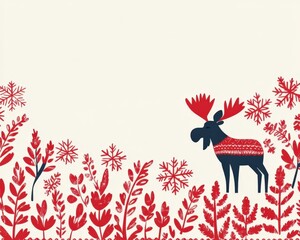 A decorative illustration featuring a moose among stylized plants and snowflakes.