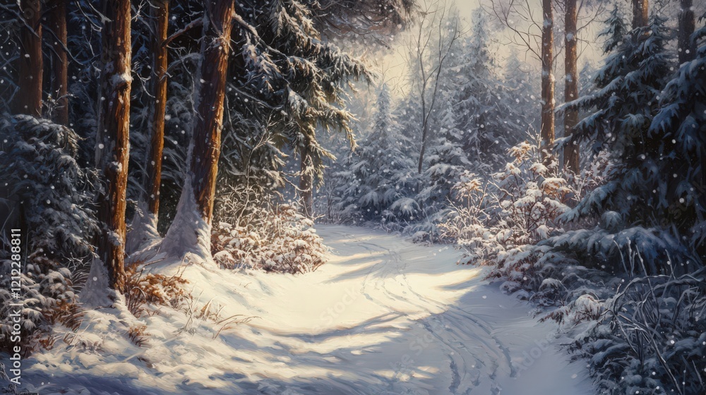 Poster a snowy path winds through a forest of tall trees in winter with light shining through the trees