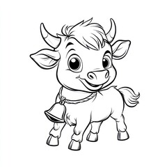 Fototapeta premium Cute cartoon calf, standing, farm scene, coloring page, children's book
