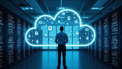 Futuristic Data Center with Professional in Background