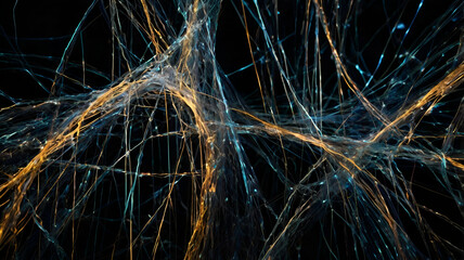Abstract representation of time as flowing, glowing threads in a dark void


