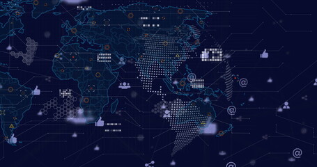 Image of data processing over world map and dark background