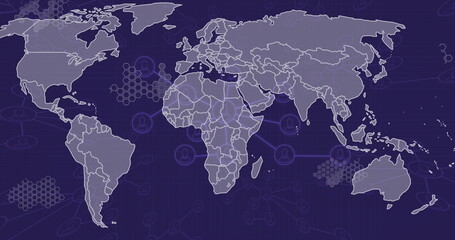 Image of data processing and networks over world map and dark background