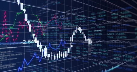 Image of financial data processing on black background