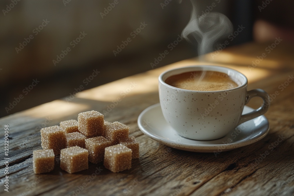 Poster a steaming cup of espresso sits beside neatly stacked brown sugar cubes on a rustic wooden table. so