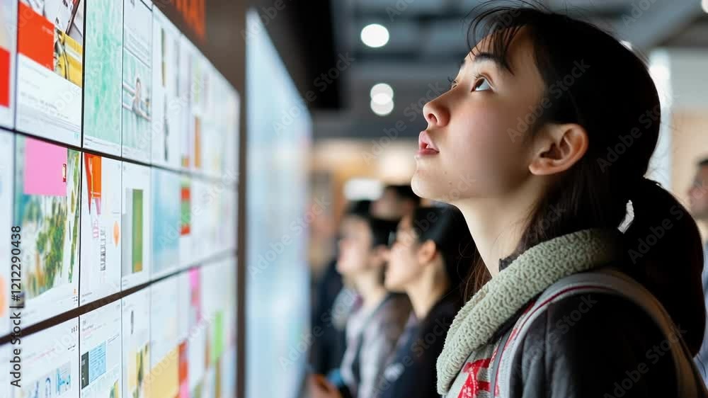 Poster student studying digital display on interactive wall, surrounded by visitors observing graphics and 