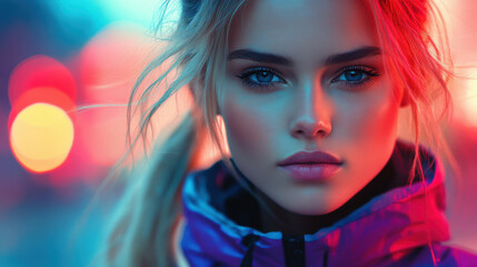 Naklejka premium A young woman with captivating blue eyes and blonde hair poses confidently against a colorful illuminated background, showcasing her stylish jacket during twilight.
