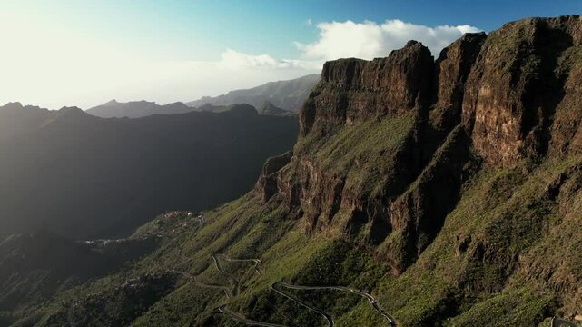 Landscape of the Masca valley at sunset in Tenerife, Canary island, Spain. Scenic mountain landscape road