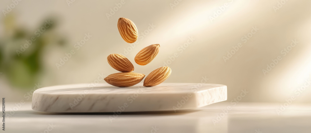 Poster almonds bouncing off polished marble slab, showcasing dynamic and elegant display. soft lighting enh