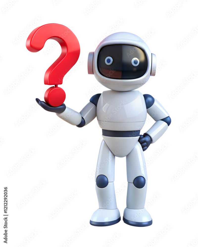 Poster a cute and curious futuristic robot holding a large red question mark, symbolizing inquiry and intel