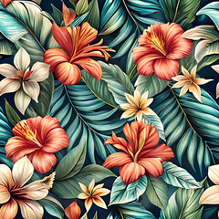 Tropical Floral Pattern with Hibiscus and Palm Leaves