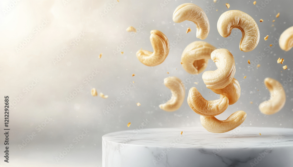 Poster cashews levitating above marble base, creating dynamic and visually appealing scene. light backgroun