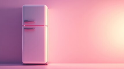 A high-tech, modern white refrigerator, illuminated by soft lighting, against a muted pastel pink backdrop, 3D render with minimal detail 