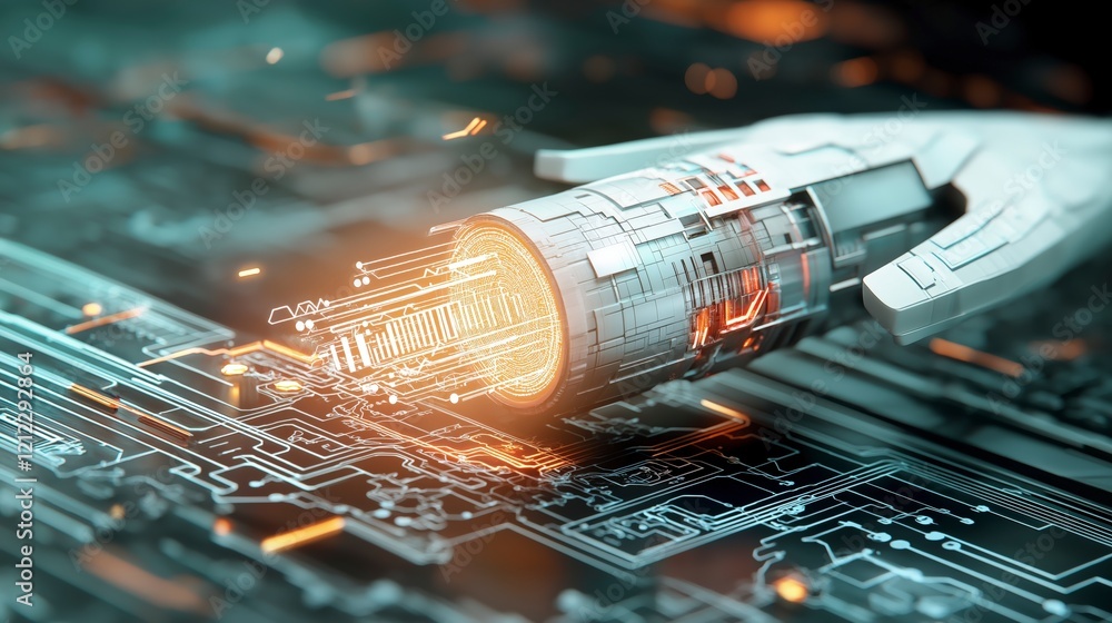 Poster futuristic robot hand interacting with circuit board in dynamic digital environment