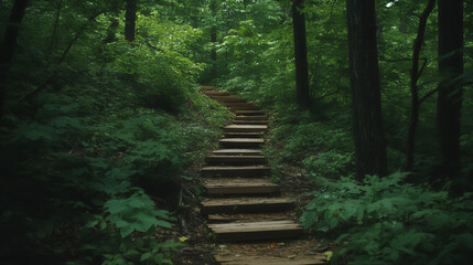 Stone path in a lush green magical forest, wood, stone stairway in the garden