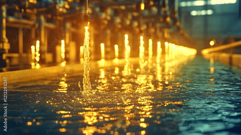Poster The image showcases a water feature with flowing streams illuminated by warm light, creating a serene and tranquil atmosphere