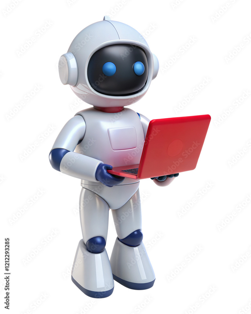 Poster futuristic robot using a laptop, isolated on white background. robot icon. ai concept. high quality 