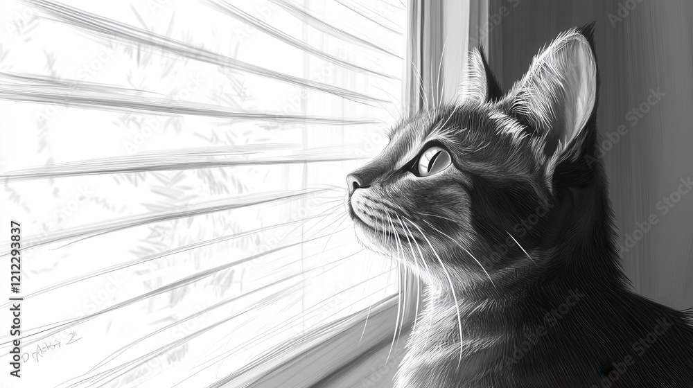 Poster cat gazing through a window, low poly design capturing curiosity and serenity in a stylized digital 