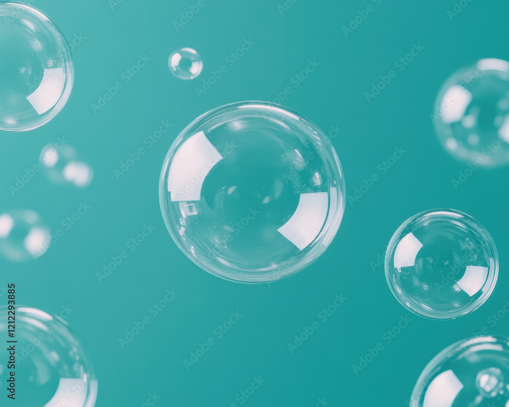 Poster close up of lively water bubbles floating upward in serene turquoise background, creating refreshing