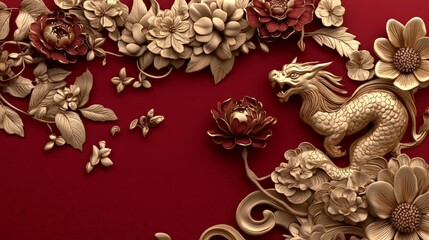 Obraz premium Elegant dragon and floral sculpture asian art decorative wall piece rich red background close-up view cultural heritage