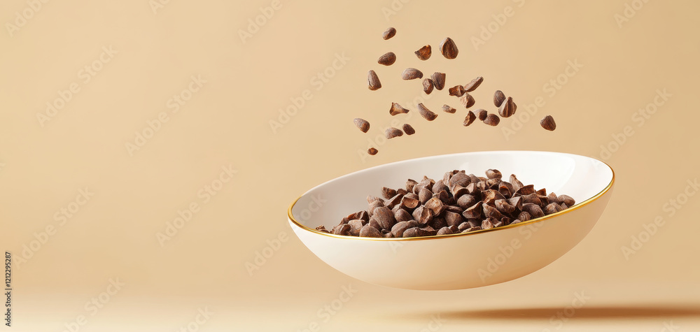 Aufkleber delicious cocoa nibs floating above elegant white plate, creating captivating visual. warm backgroun