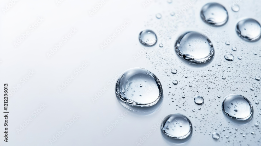Poster fresh and vivid close up of shimmering water droplets on smooth surface, creating serene and calming