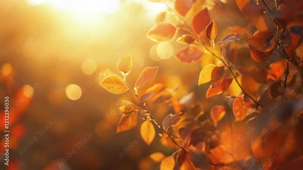 Poster golden sunset through autumn leaves with soft bokeh creating a warm glow