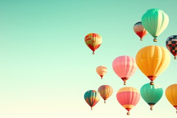 Fototapeta premium Colorful hot air balloons float against a clear blue sky, creating a vibrant and joyful atmosphere.