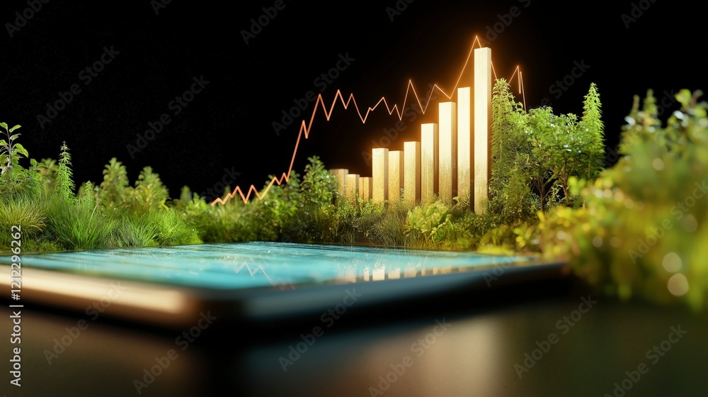 Poster visualization of financial growth with bar graph and lush greenery in dark background