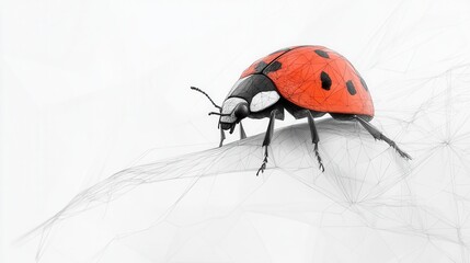 Fototapeta premium Ladybug on Leaf, a low poly design showcasing a vibrant ladybug exploring a textured green leaf in a stylized format