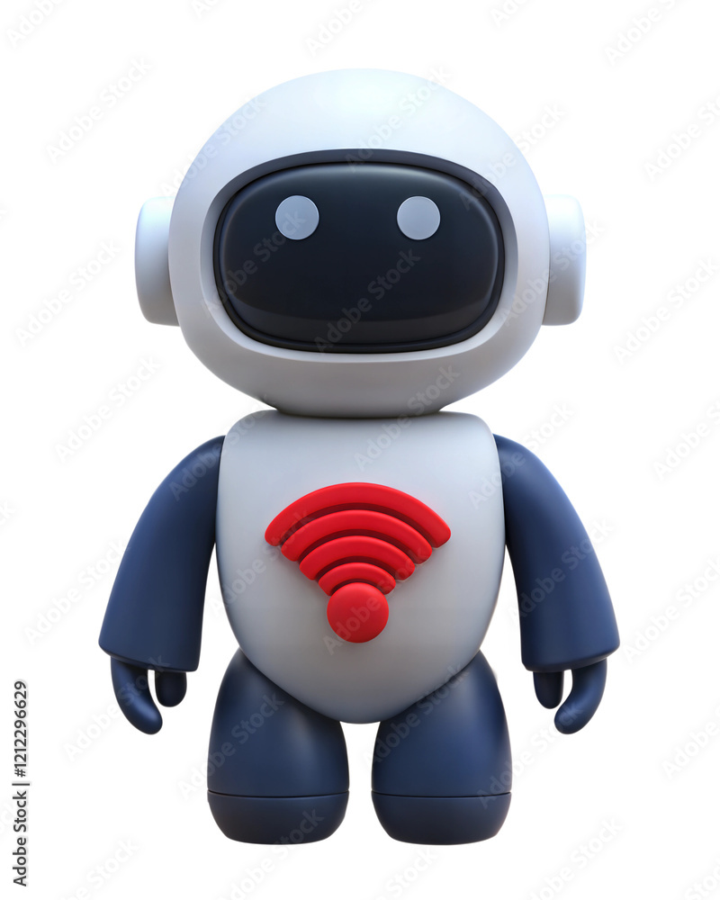 Poster a futuristic, cute white robot with wifi signal sign. the robot has glowing eyes and a cheerful expr